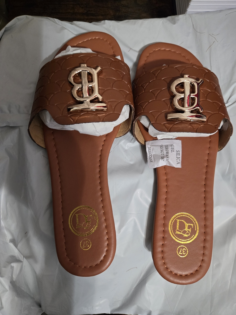 Brown Slide Sandals with Gold Accent